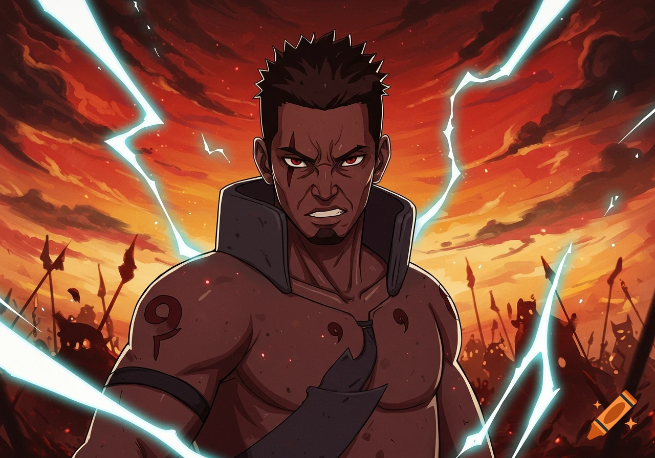 Anime drawing of an angry, dark-skinned character with lightning, standing before an army.