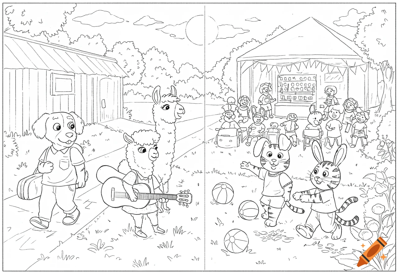 Outline drawing of anthropomorphic animals. A dog and two llamas walk with a guitar, while tiger and bunny children play ball near a prize tent.