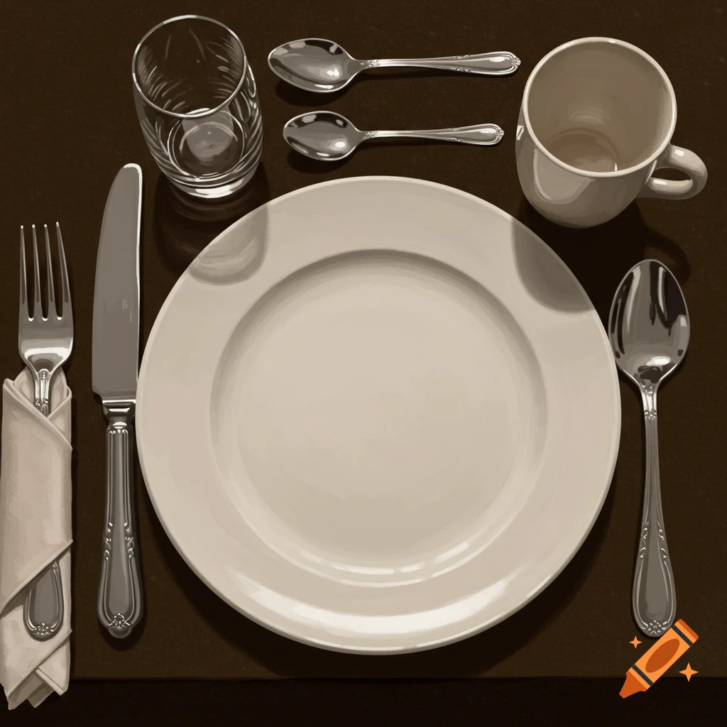A place setting with a plate, fork, knife, napkin, glass, spoons, and cup.