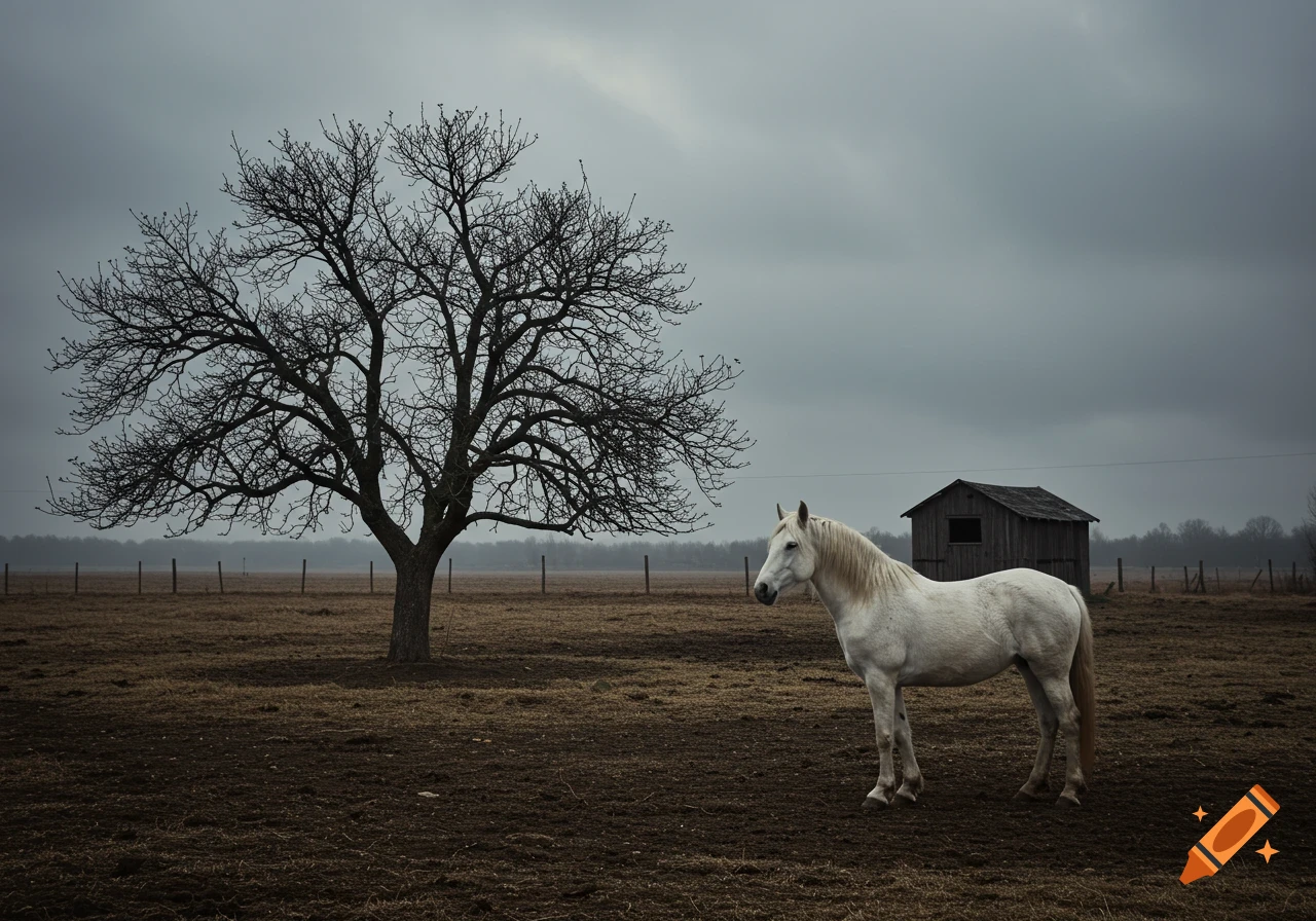 A white horse stands in a barren field near a bare tree and wooden shed under a cloudy sky.