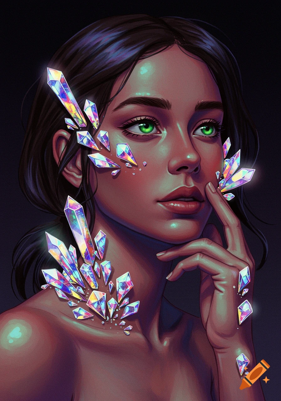 A woman is shown with iridescent crystals growing from her skin and bright green eyes.