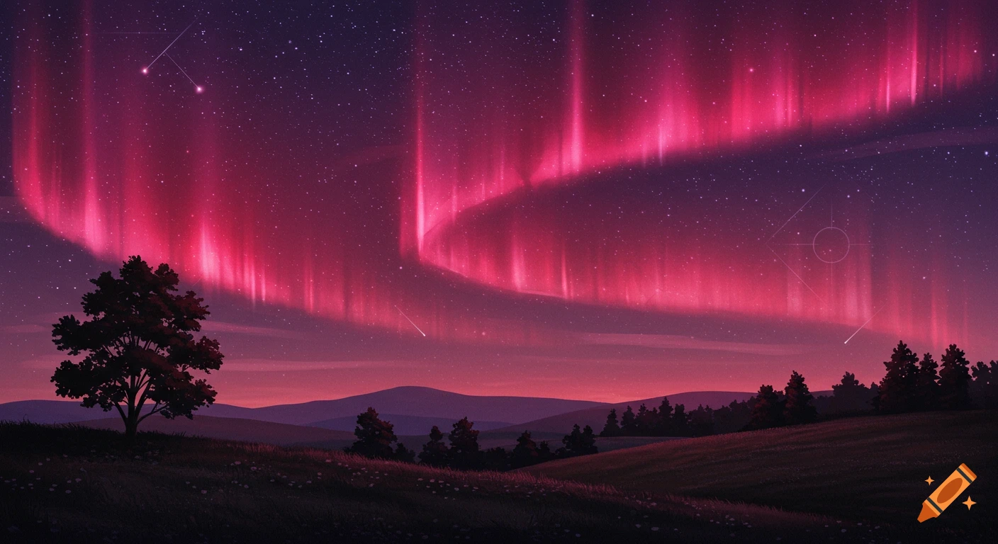 A night landscape with hills, trees, and a bright pink aurora swirling across a starry sky.