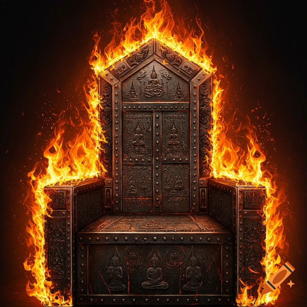 A steel throne covered in Thai Buddhist motifs, engulfed in flames.