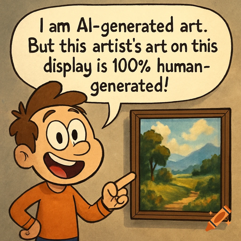Cartoon character points at painting with speech bubble saying they are AI art but the painting is human-generated.