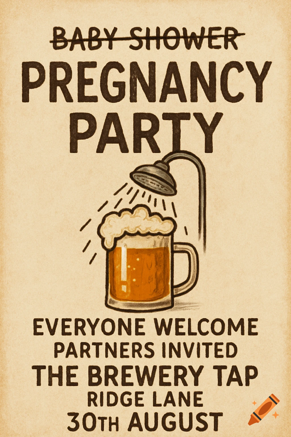 Poster invitation for a Pregnancy Party (Baby Shower crossed out), featuring an illustration of a beer under a shower and event details like location and date.