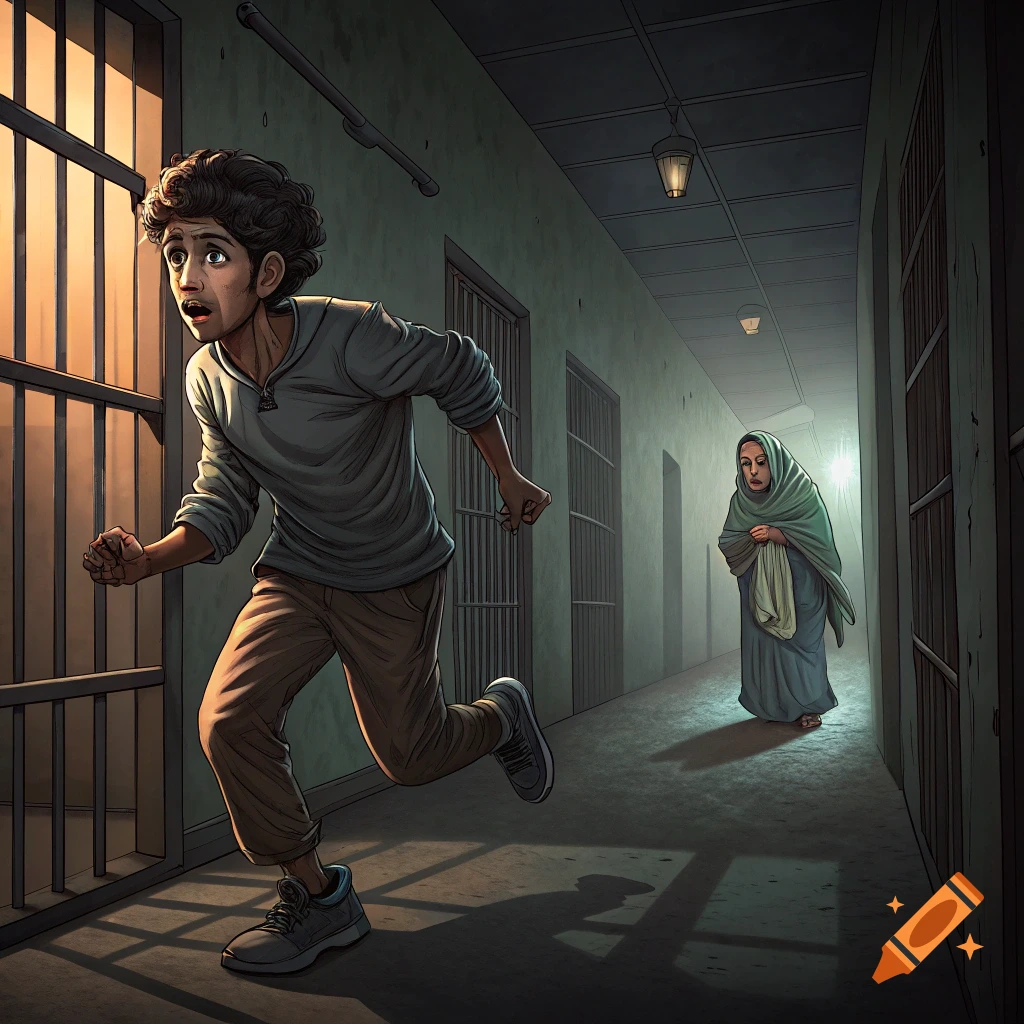 A young person runs from a prison cell toward a woman down a dark hallway.