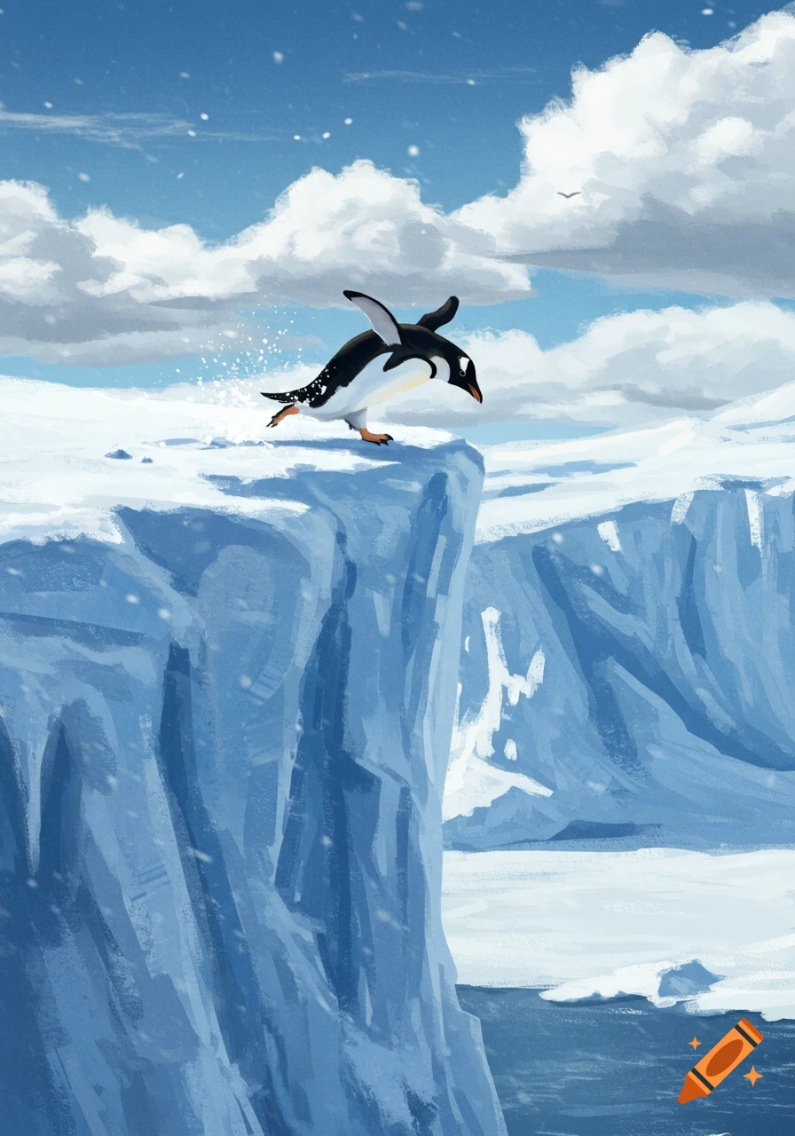 A penguin jumps off a snowy cliff.