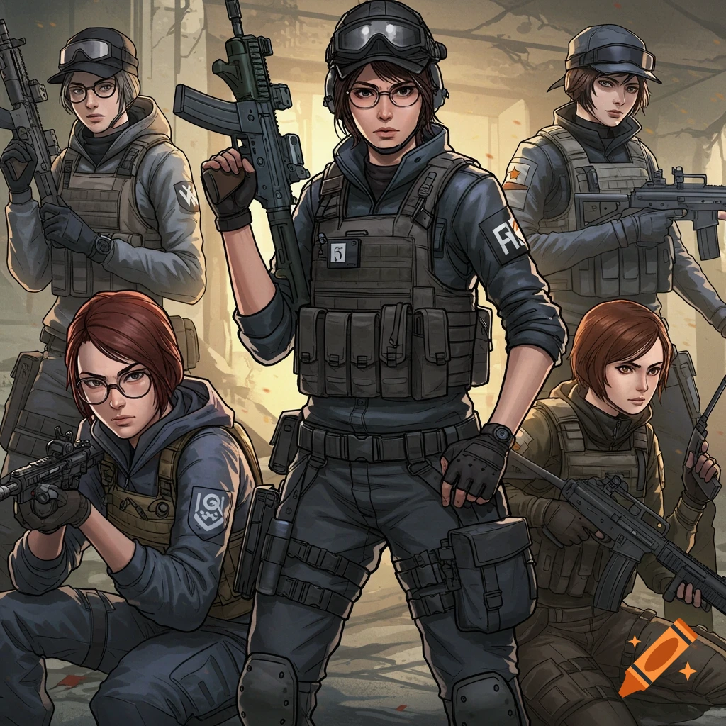 Five women in tactical gear holding assault rifles against a damaged building backdrop.