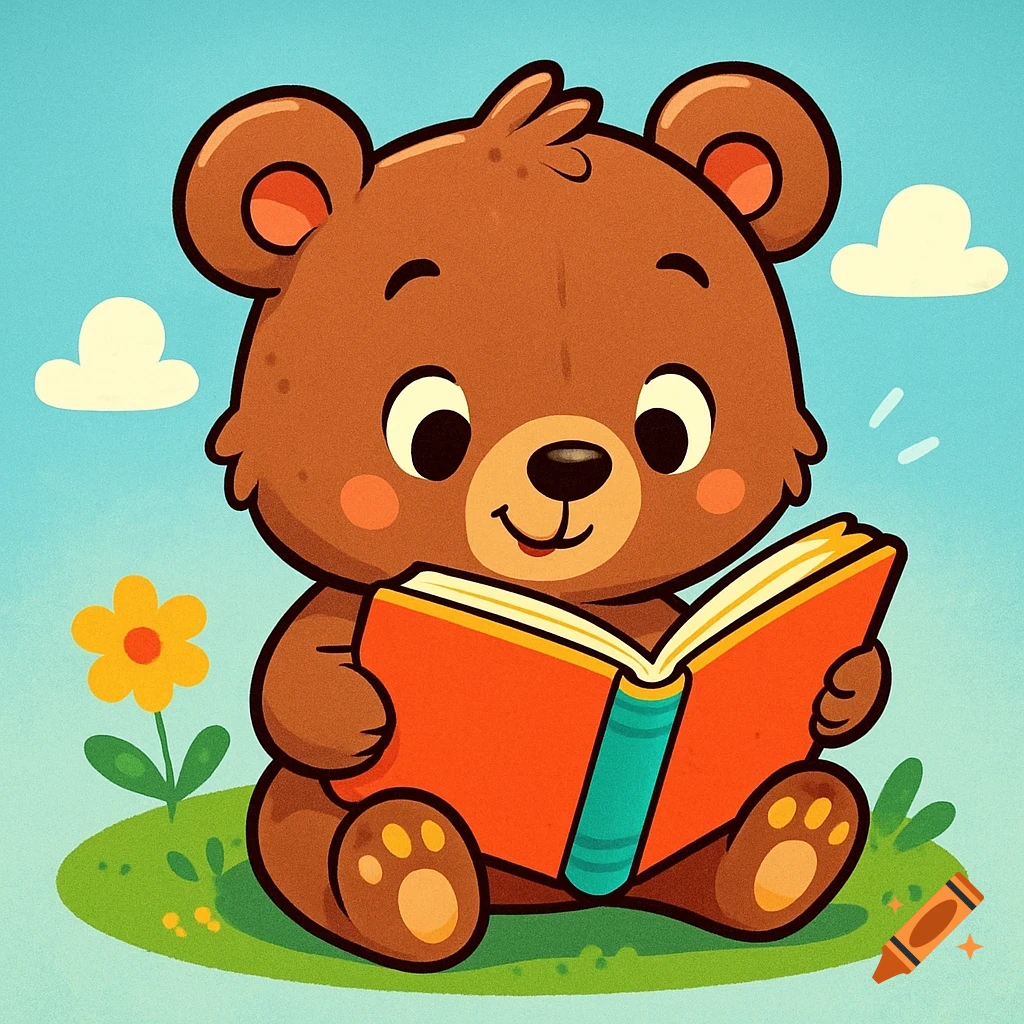 A cute cartoon brown bear sits on the grass reading a book.