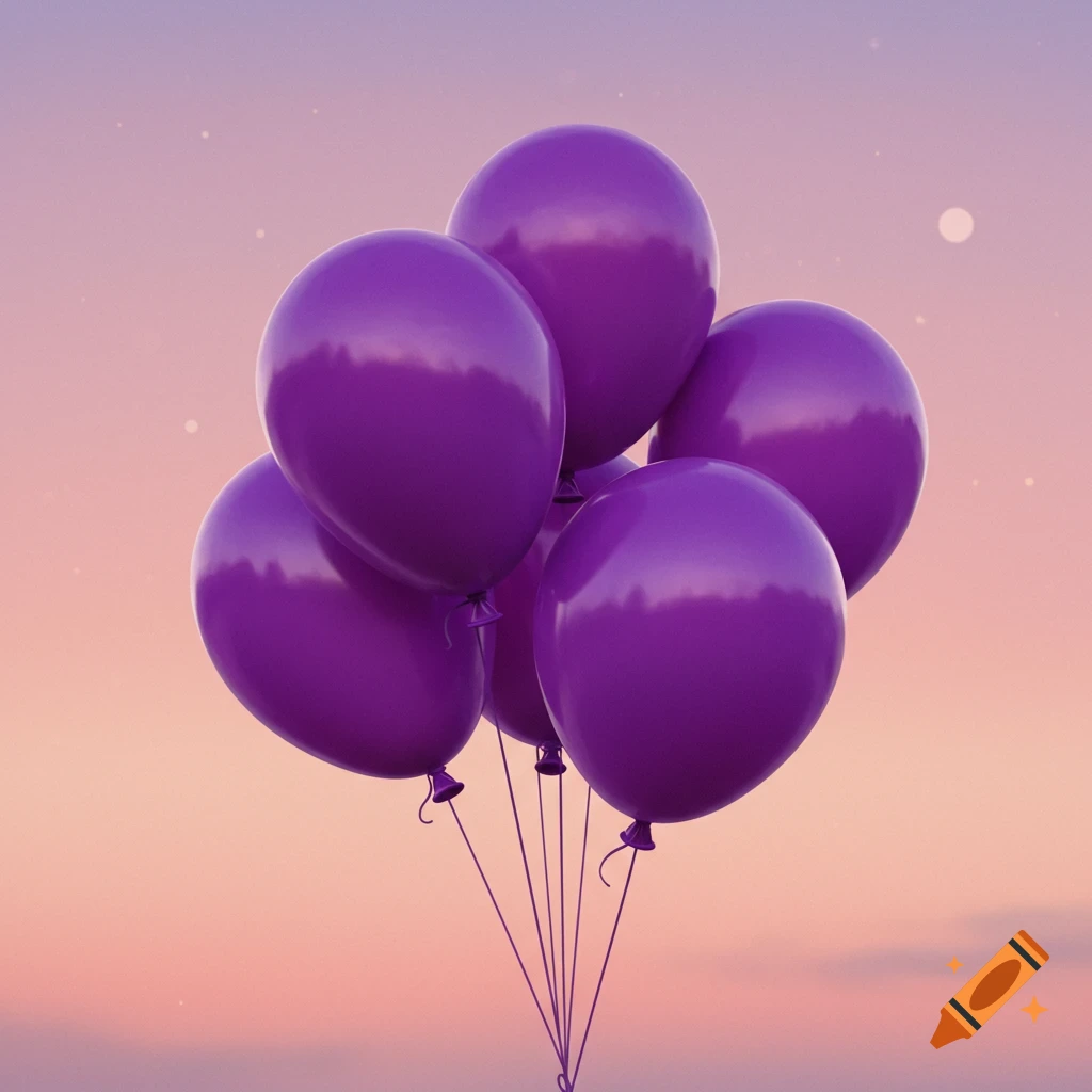 A cluster of purple balloons floats against a soft pink and purple sky.