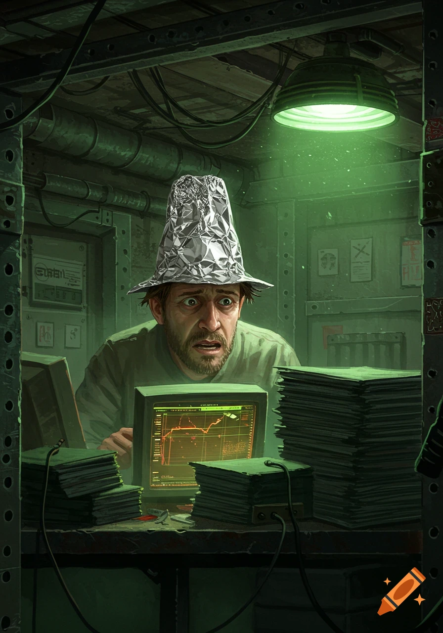 A man wearing a tin foil hat stares at a computer screen showing graphs inside a dimly lit underground bunker.