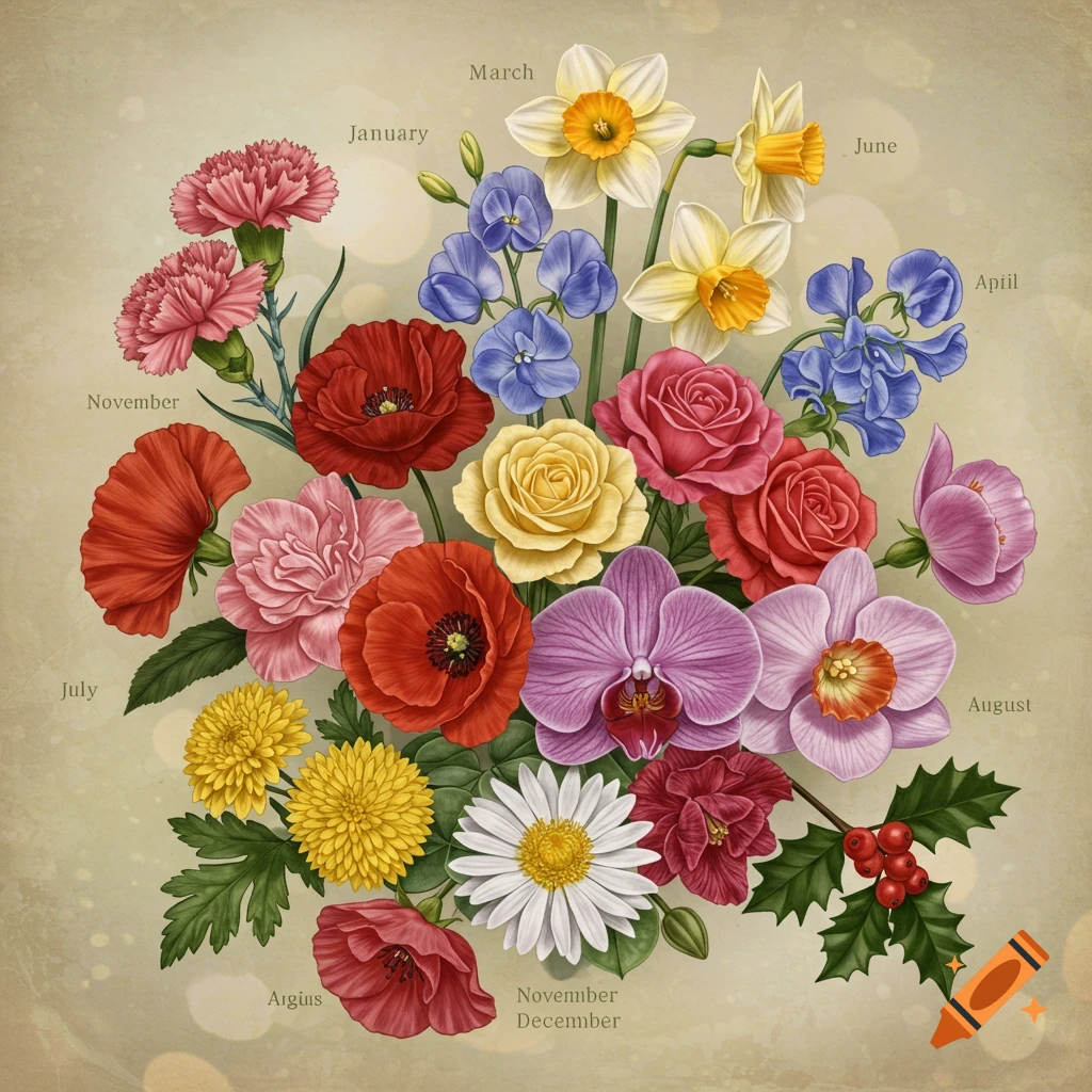 An illustration of a bouquet of colorful flowers labeled with month names.