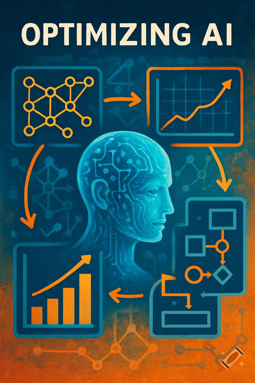 A stylized head with integrated circuitry, surrounded by charts and diagrams, with the text "OPTIMIZING AI" at the top.