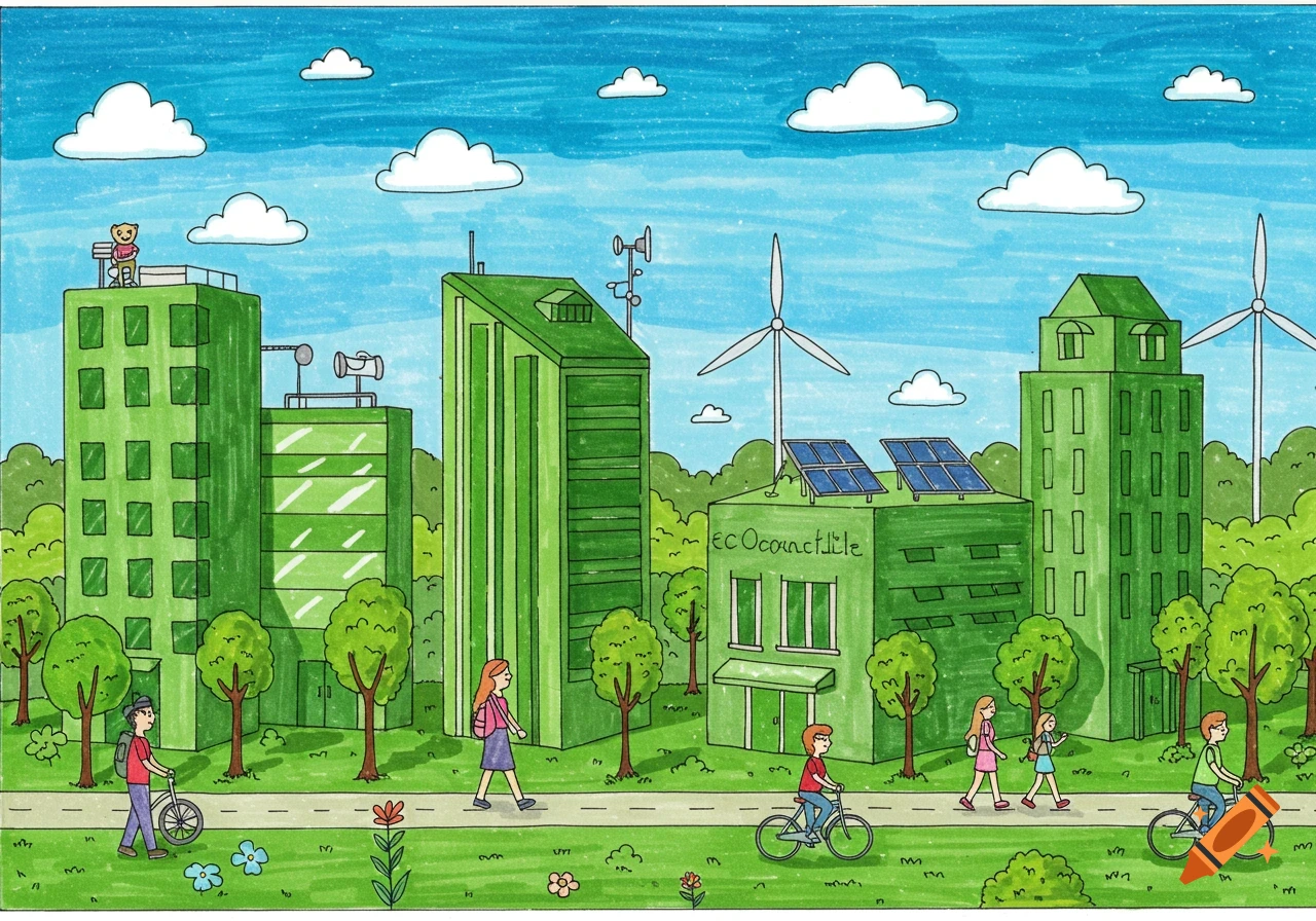 A colorful illustration of a green cityscape with modern buildings, solar panels, wind turbines, trees, and people biking and walking.