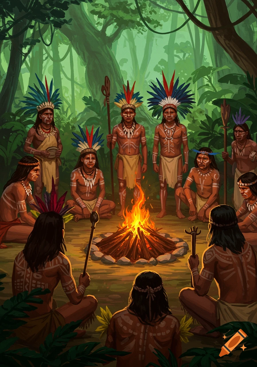 tribal people around campfire in jungle