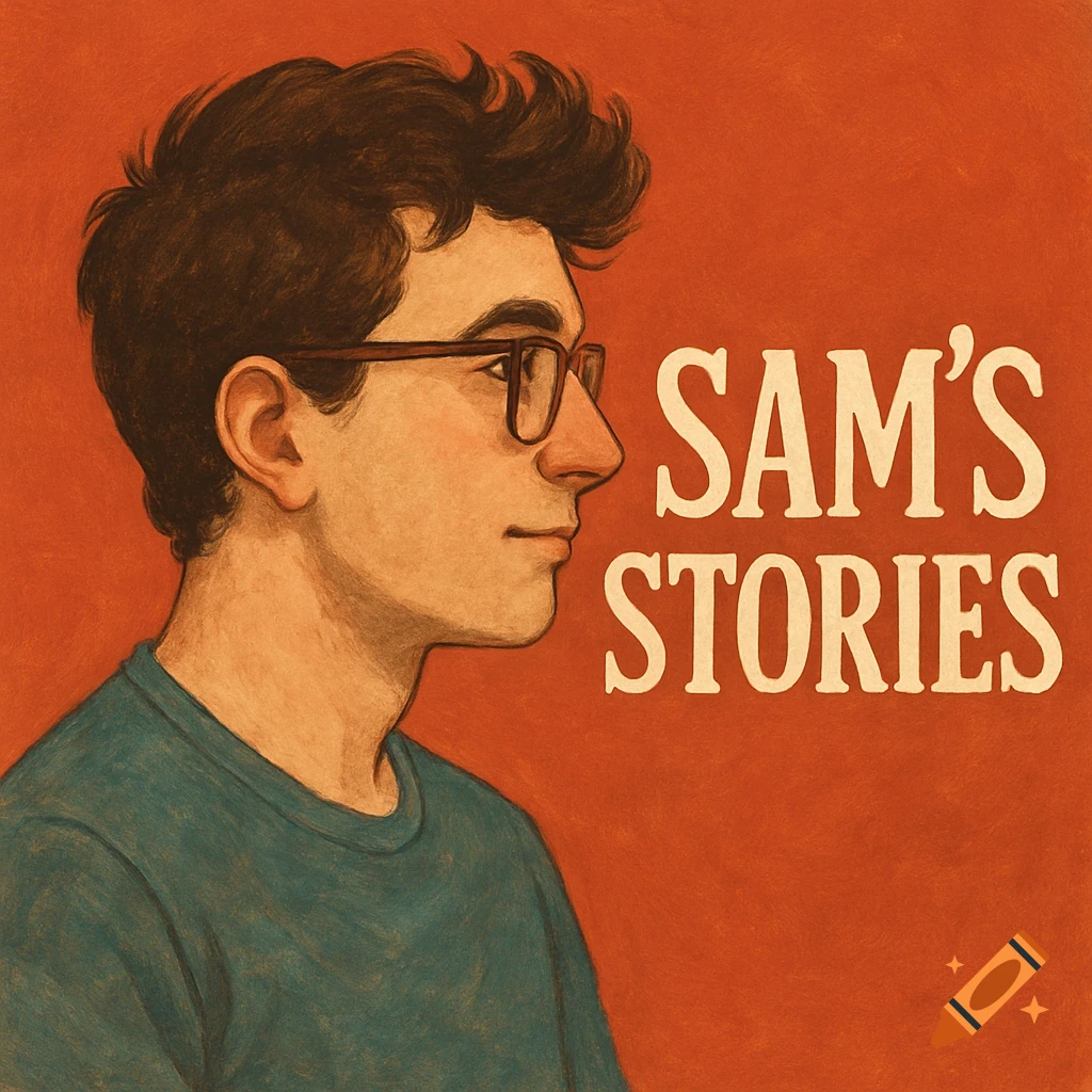Profile portrait of a man in glasses, text 'Sam's Stories'