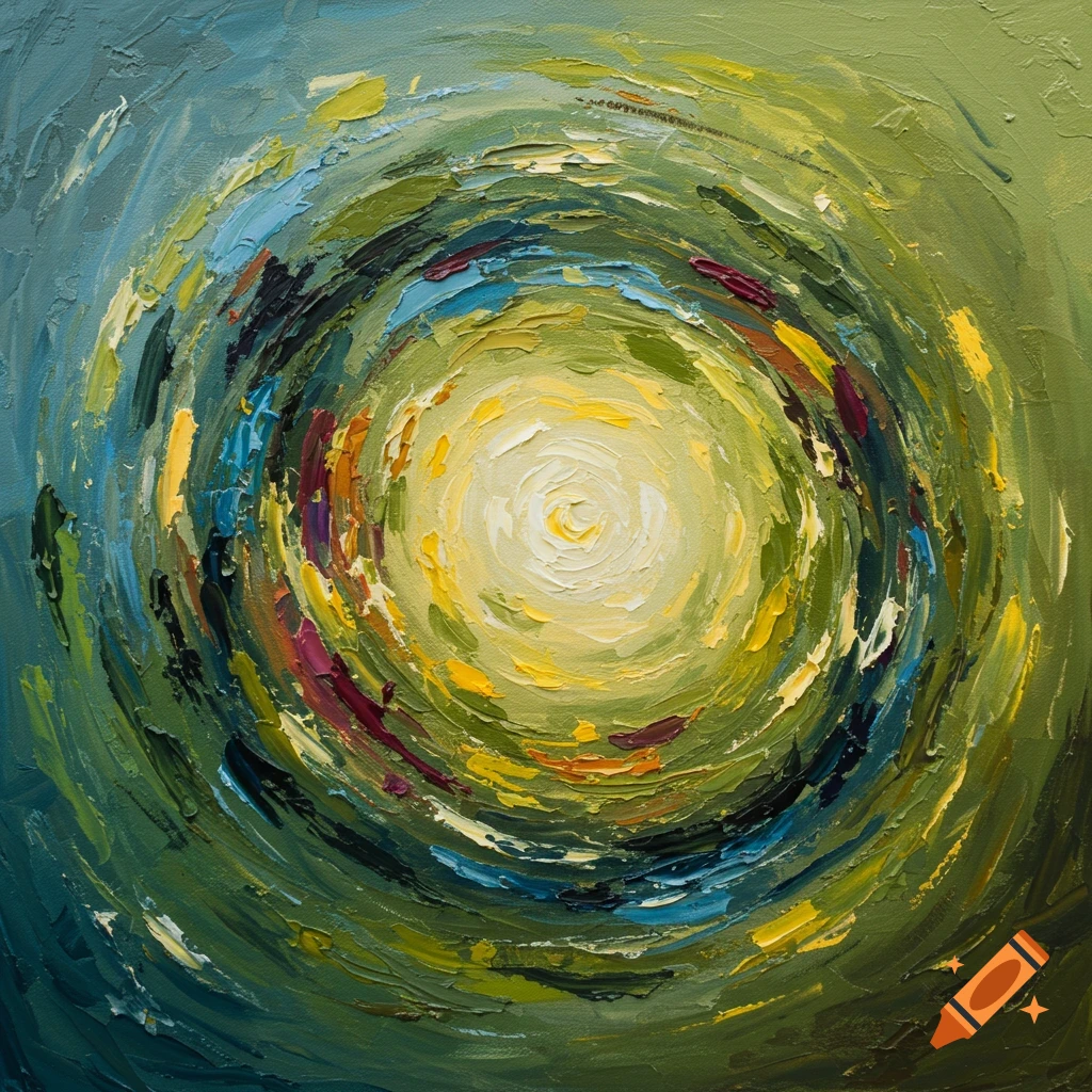 An abstract oil painting of a colorful swirl of textured brushstrokes.