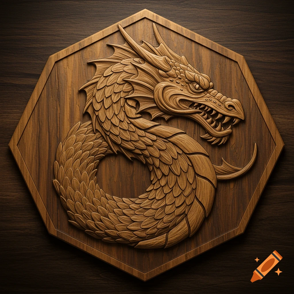A detailed wood carving of a dragon coiled on a hexagonal tile.