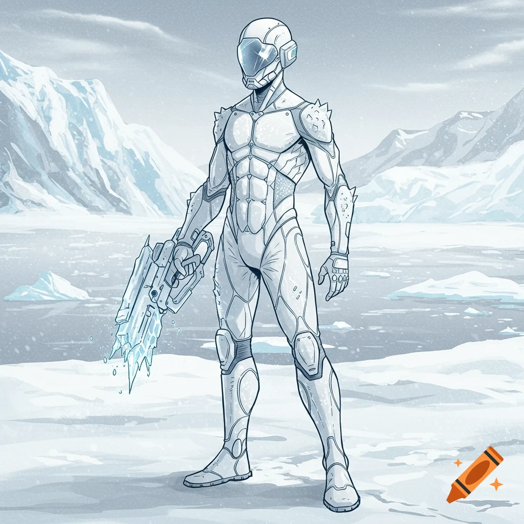 Drawing of a person in white sci-fi armor holding an ice weapon in a snowy landscape.
