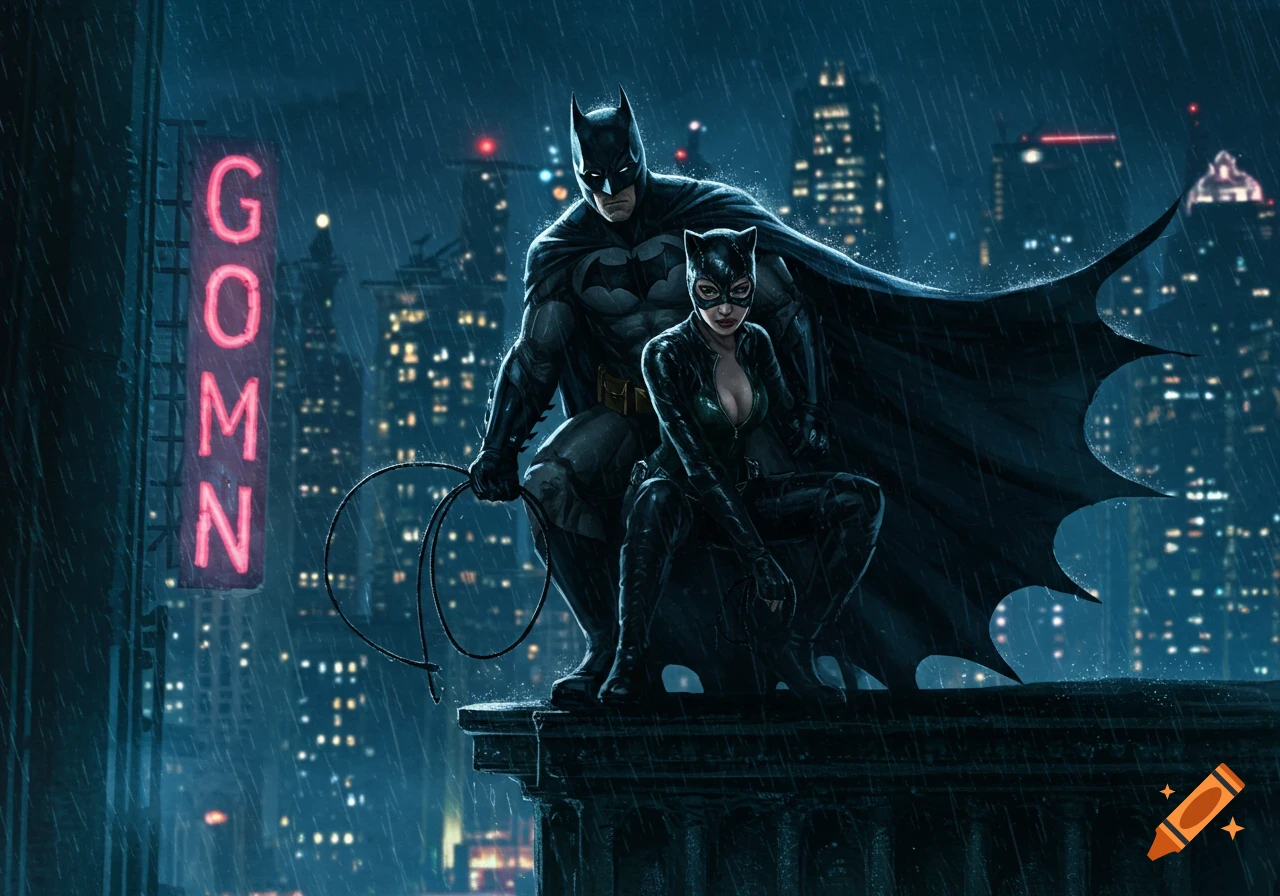 Batman and Catwoman stand on a rainy rooftop overlooking a city skyline.