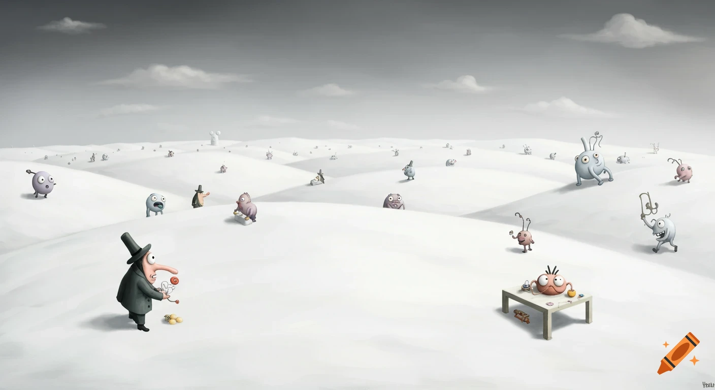 A surreal illustration of strange cartoon characters in a snowy landscape.