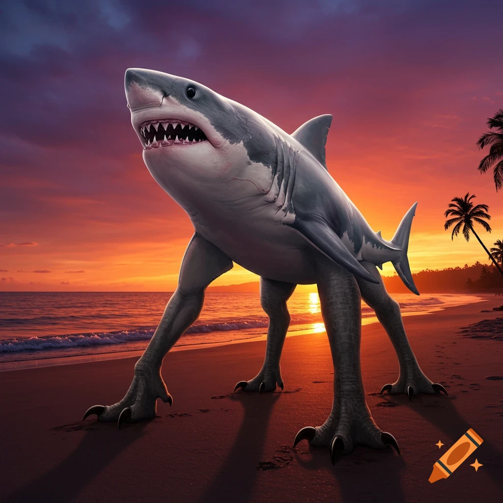 A surreal creature resembling a shark with legs stands on a beach at sunset.