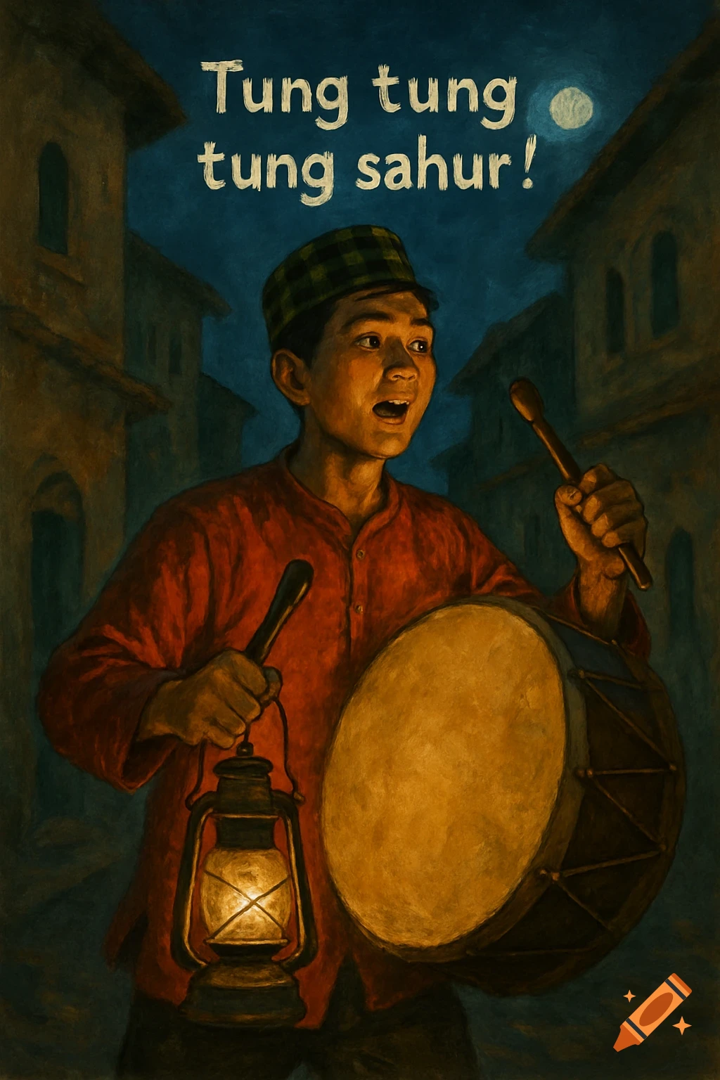 A boy in traditional clothing drums and sings at night, holding a lantern, with the text 'Tung tung tung sahur!' above him.