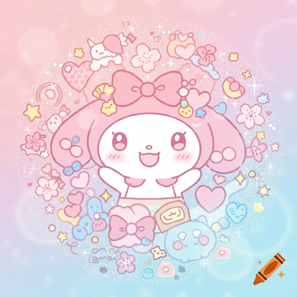 Kawaii pastel illustration of a cute character surrounded by hearts, stars, and flowers in a circle.