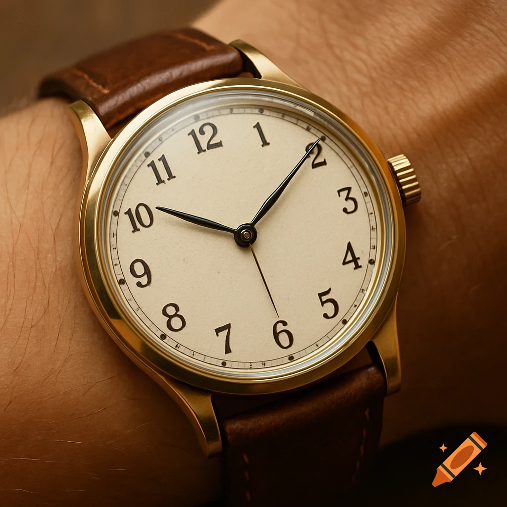 Close-up of a gold watch with brown leather strap on a wrist.