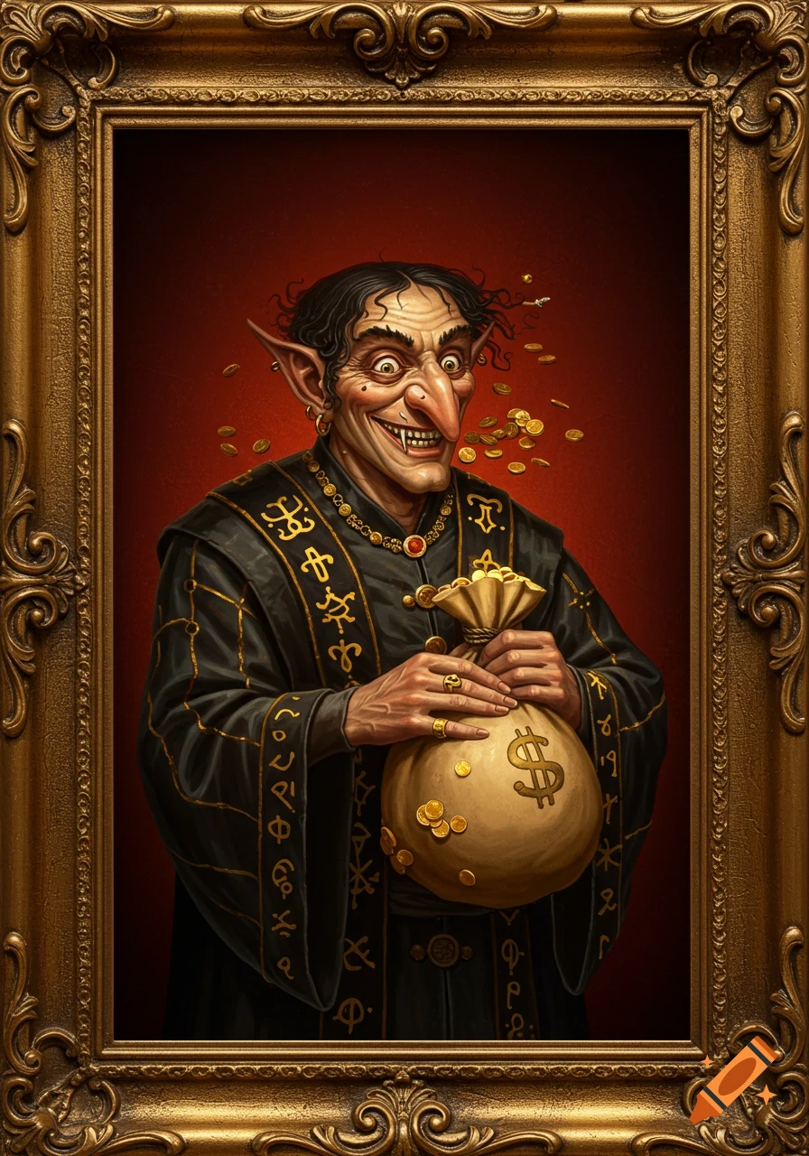 A grotesque, grinning goblin-like warlock in a frame holds a bag of money with a dollar sign on it.