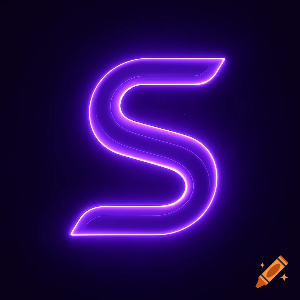 A purple glowing neon letter S logo.