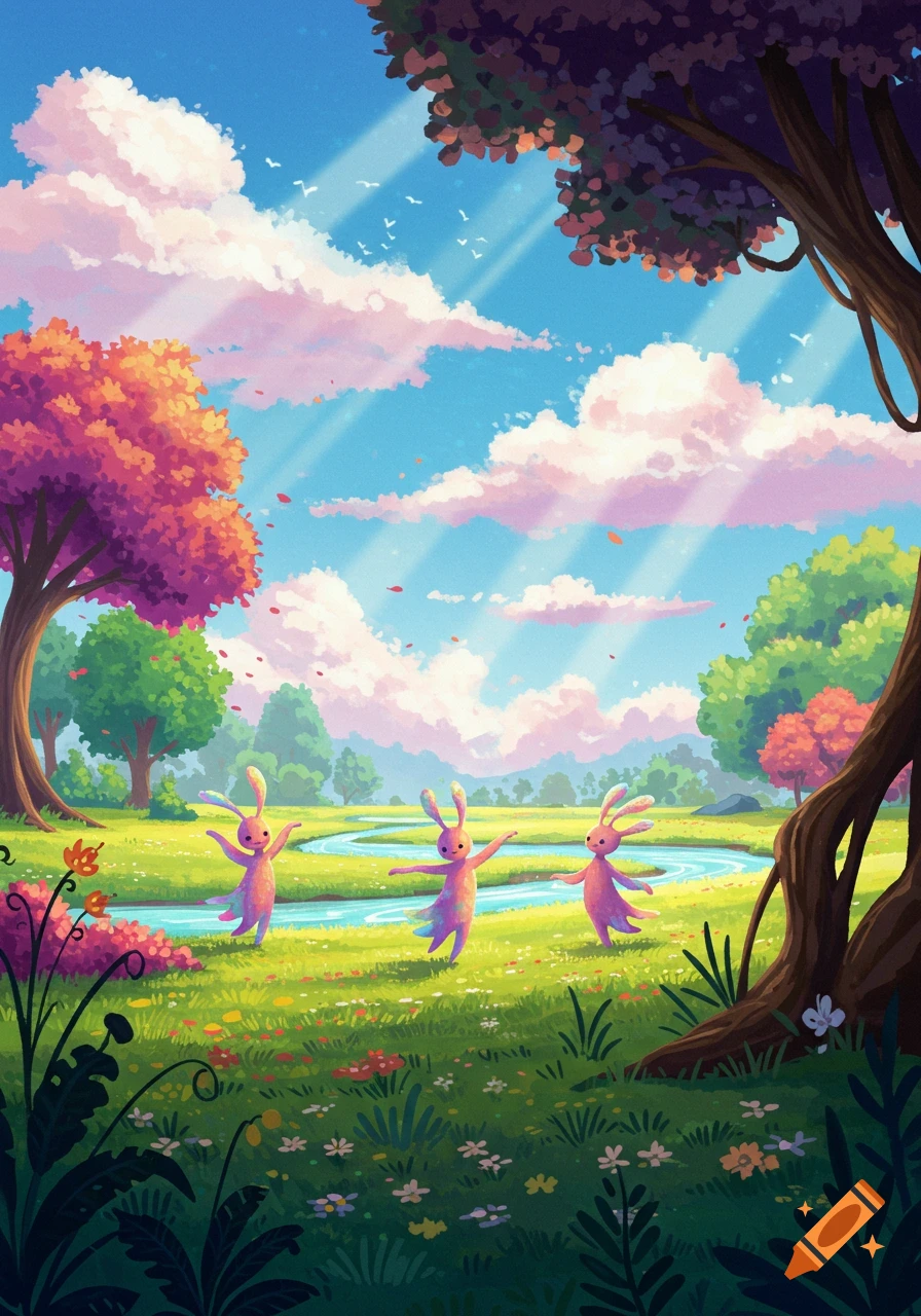 Three stylized pink bunnies dance in a vibrant meadow with a stream under a bright sky.