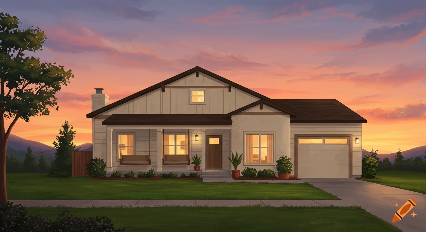 A single-story house at sunset.