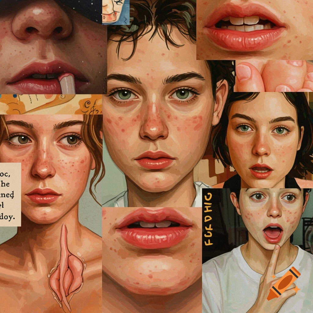 A digital art collage featuring close-ups of a young person's face and lips, with various expressions and textures.