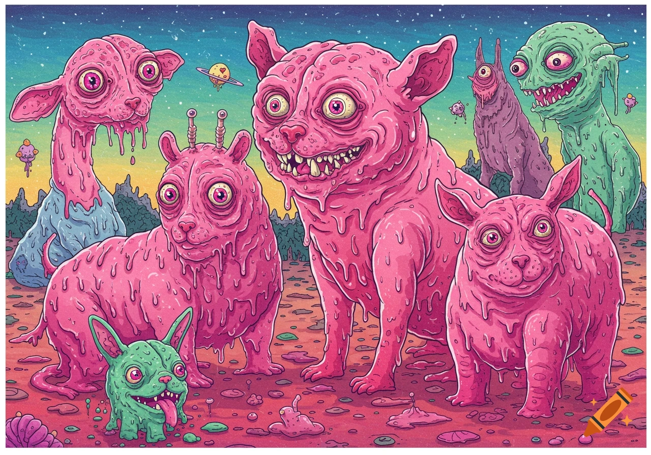 Several pink, melted, alien-like animals and a green one are in a surreal landscape under a starry sky.