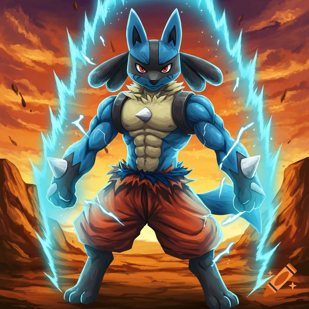 Lucario channeling blue energy like Goku in an arid landscape with an orange sky, digital art.