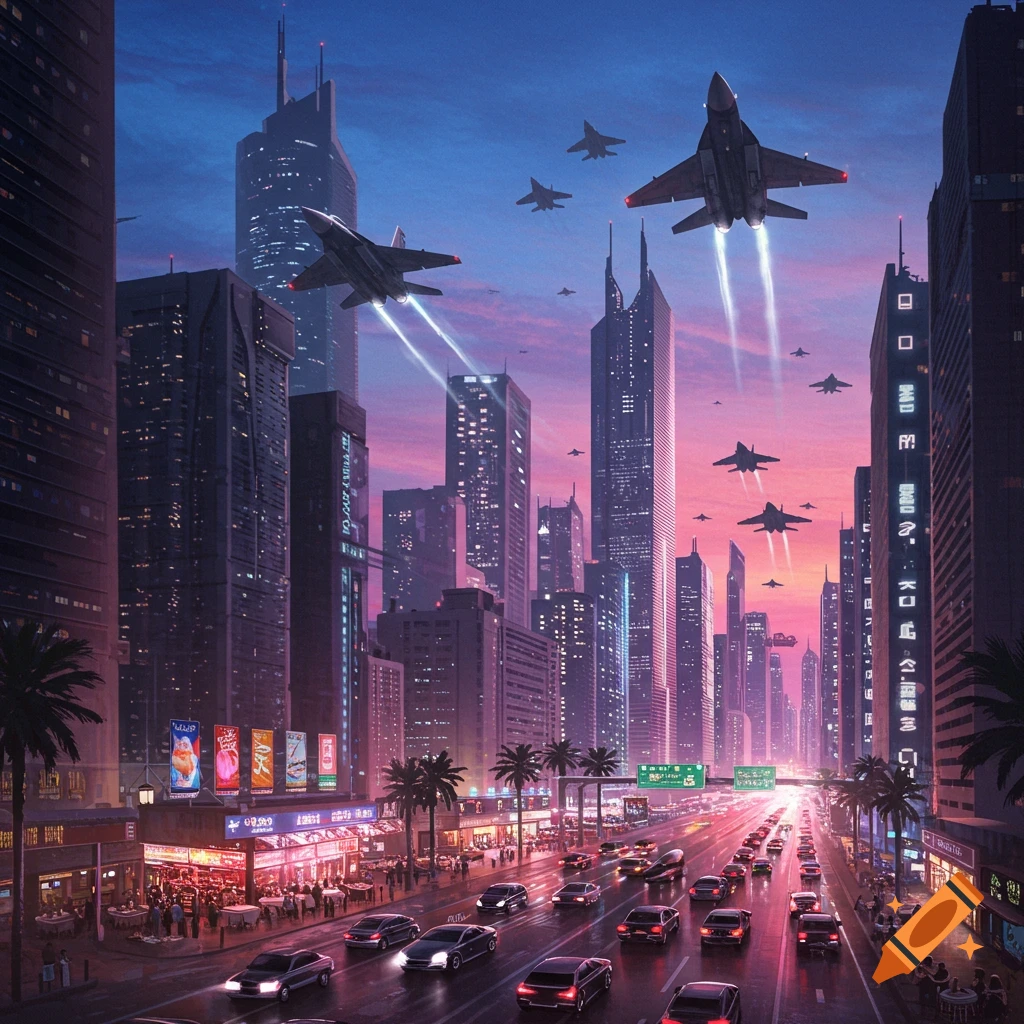 Futuristic city street at dusk with tall buildings, traffic, and jets flying overhead.