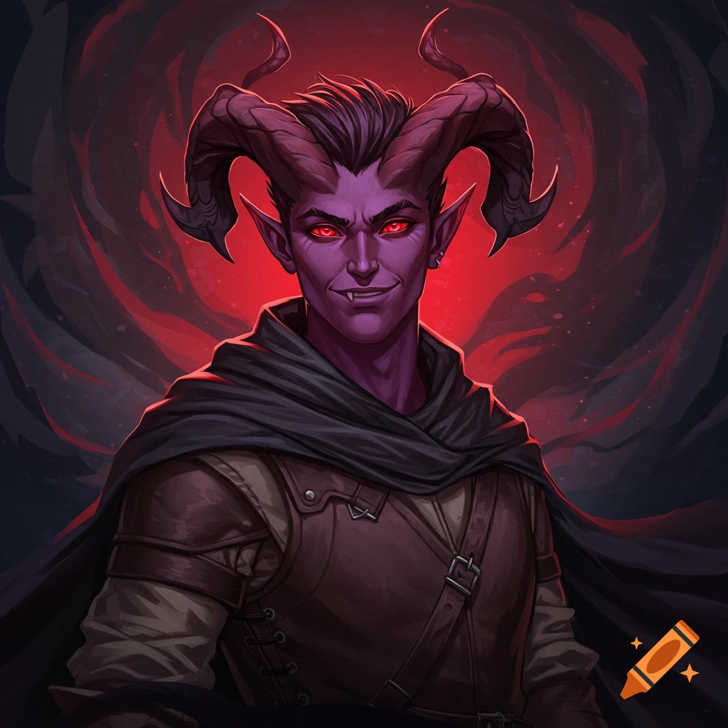 A purple-skinned Tiefling with horns and red eyes is wearing armor and a cloak