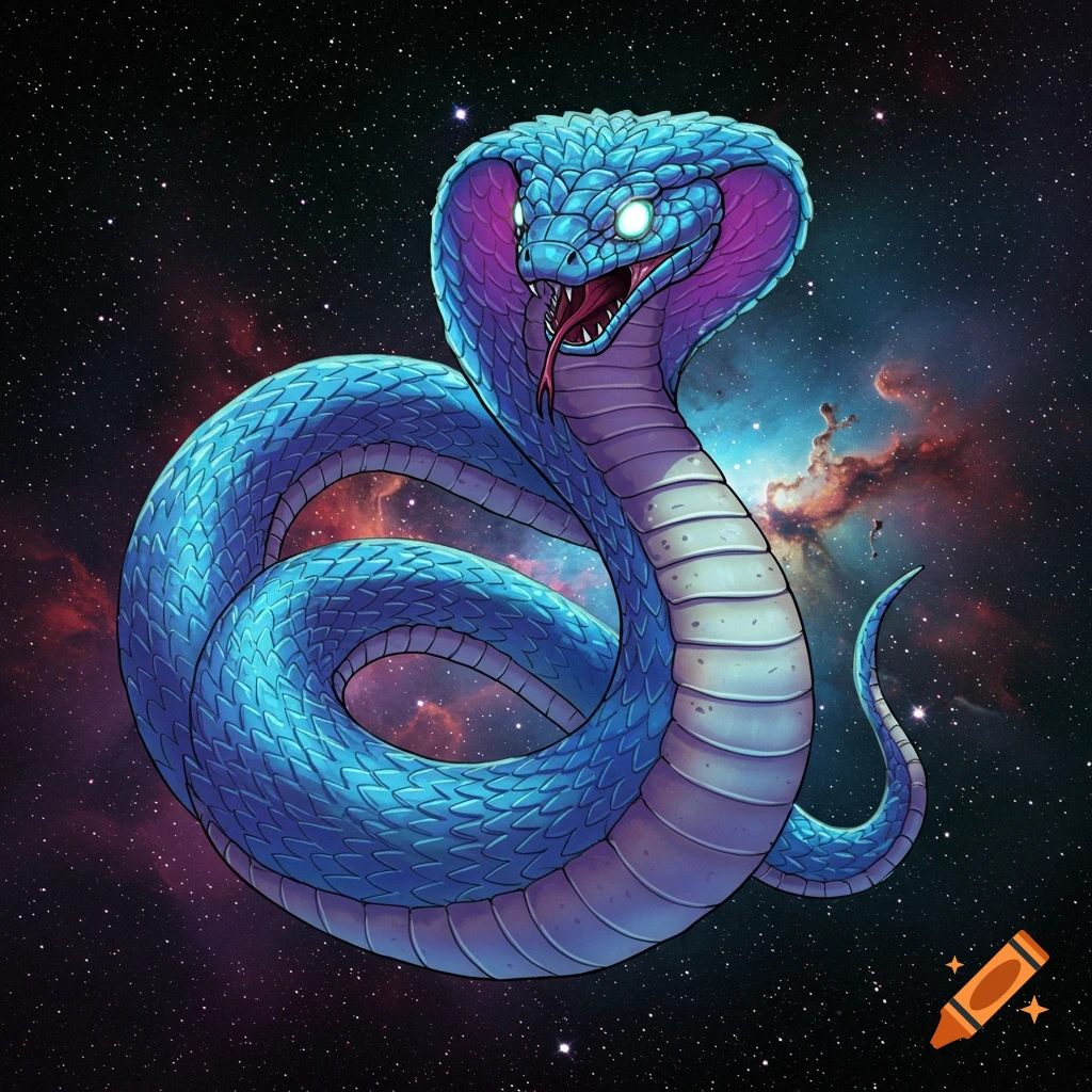 A blue cobra snake coils in space with stars and nebulas