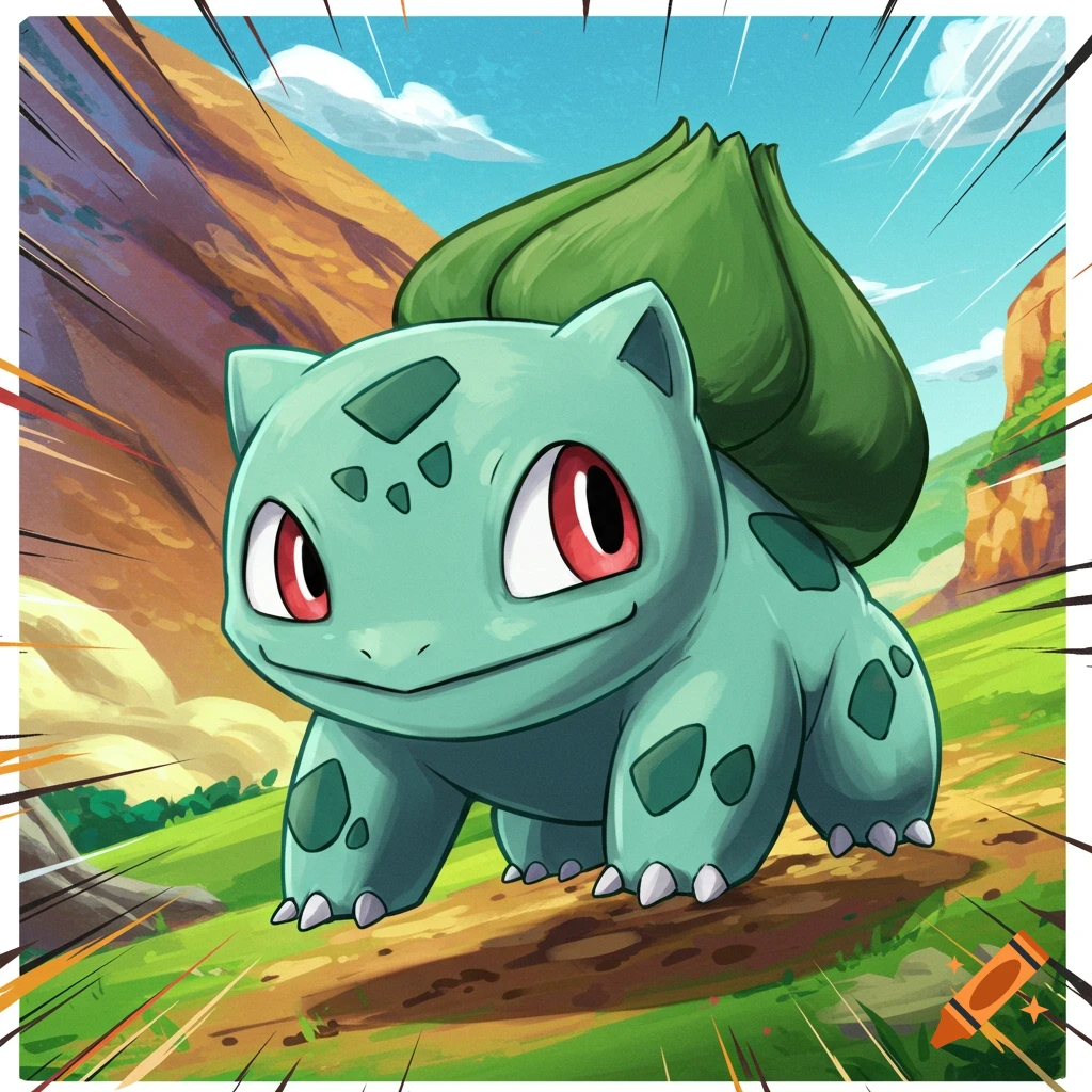 The Pokemon Bulbasaur walks in a grassy landscape with mountains and clouds.