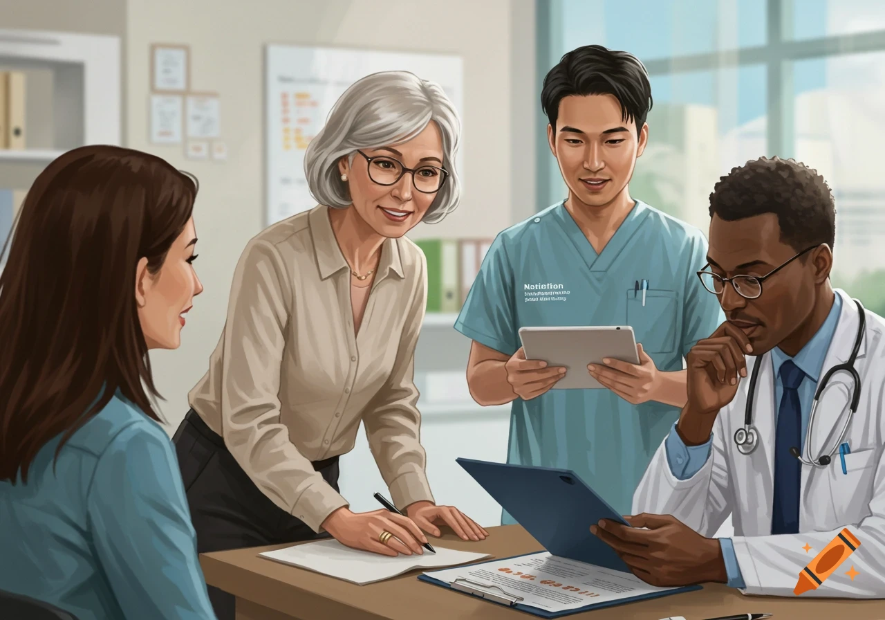 A multidisciplinary healthcare team reviewing documents.