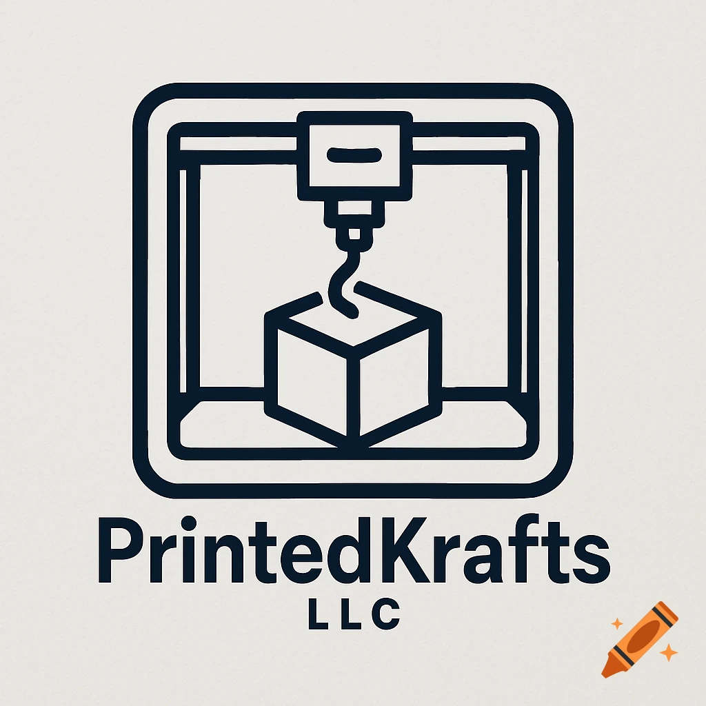 Line art logo of a 3D printer creating a cube, with the text "PrintedKrafts LLC" below.