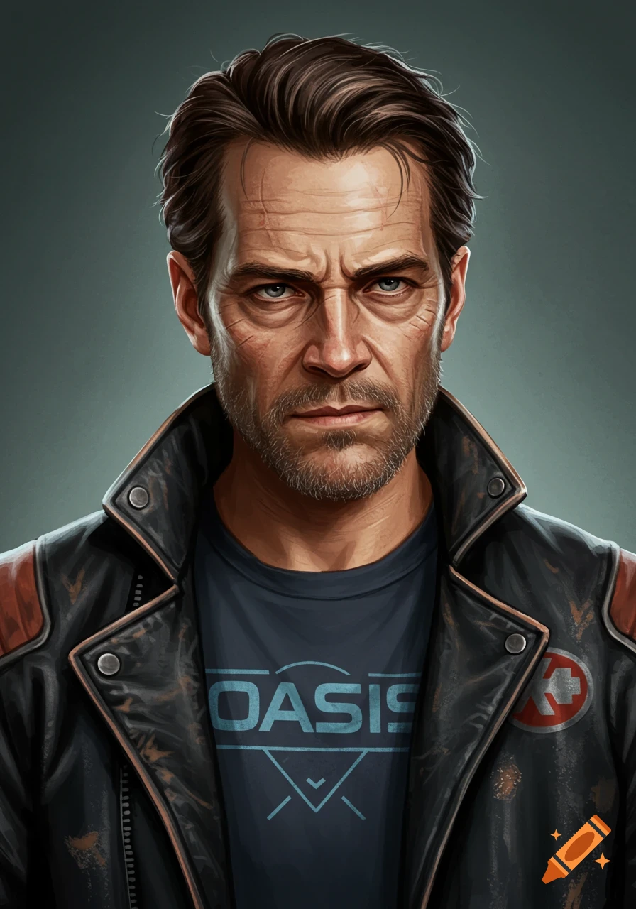 Portrait of a man in a leather jacket with an OASIS t-shirt.