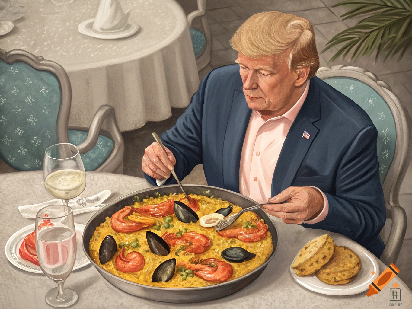 Illustration of Donald Trump eating paella in a restaurant.
