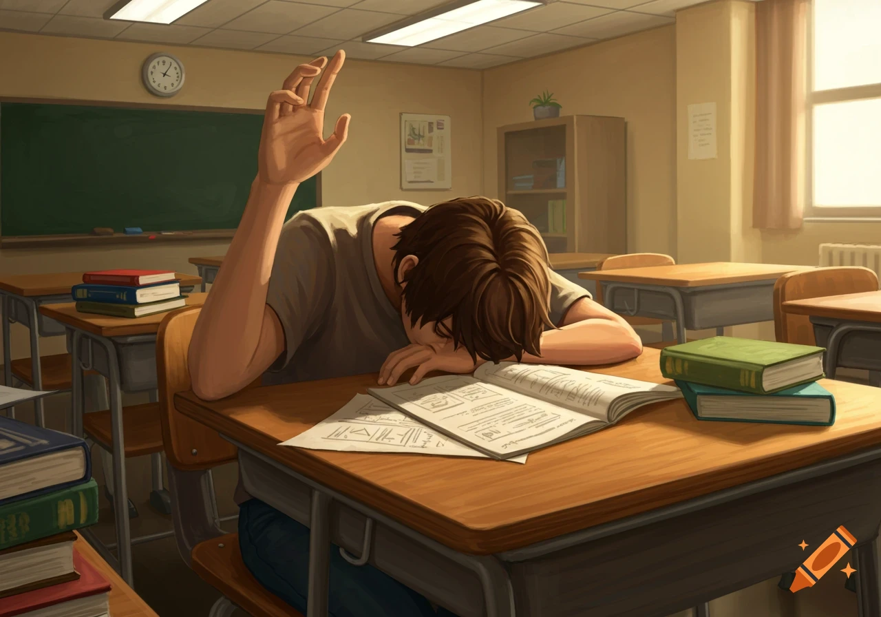 A student is in a classroom leaning on a desk with one arm raised.