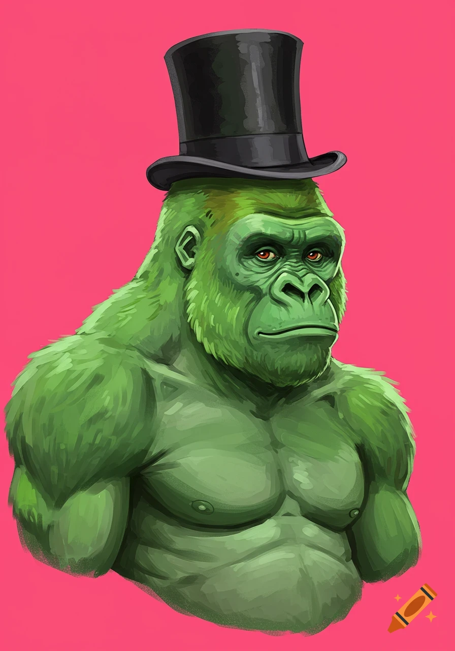 A green gorilla wearing a black top hat.