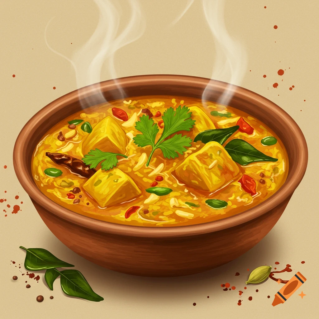 Steaming Indian curry in a brown bowl with spices