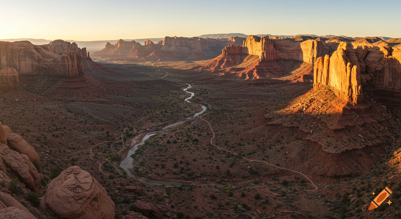 Panoramic view of a desert valley with red rock cliffs, a winding river, and warm sunset light.