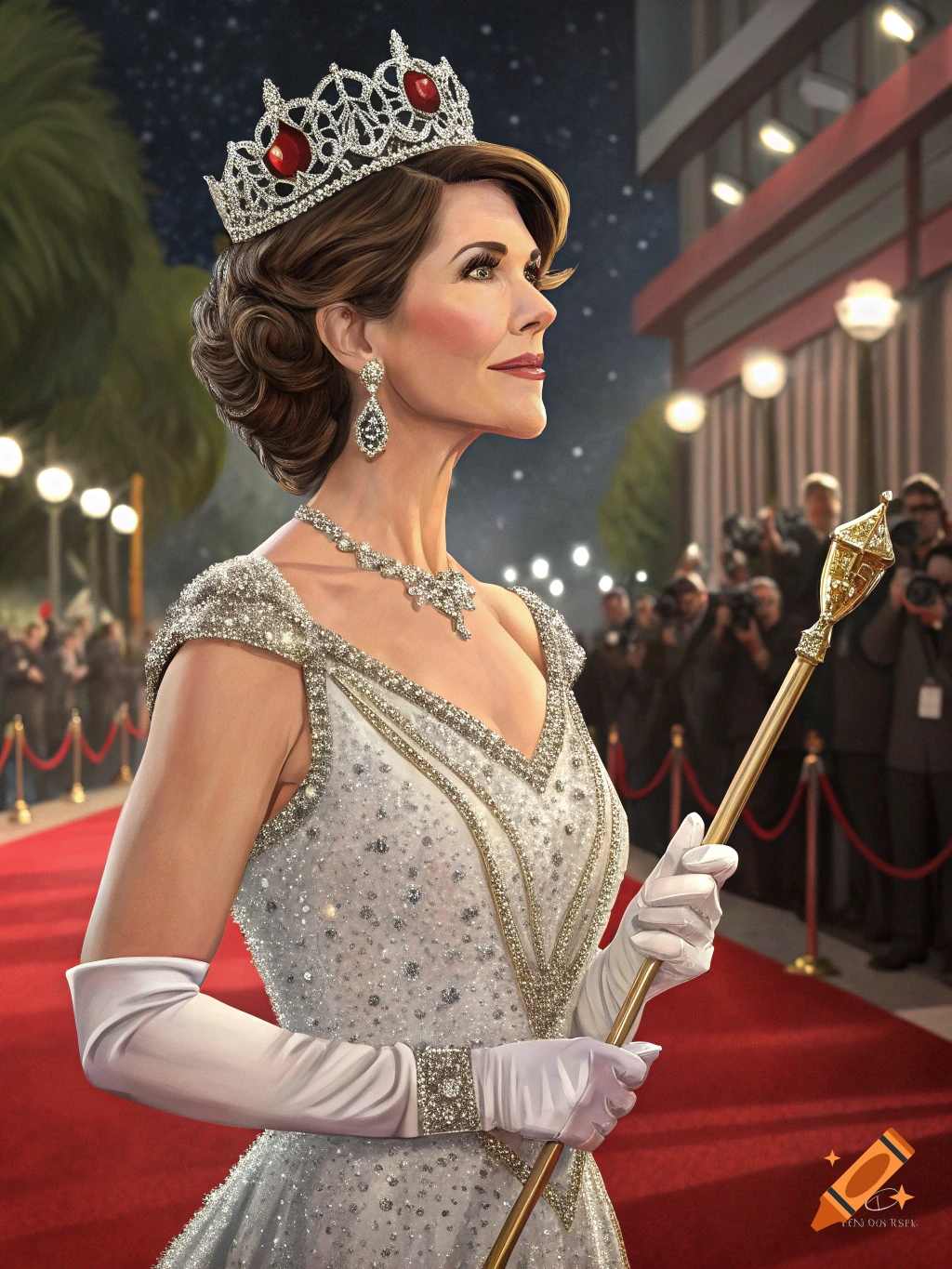 Woman in a sparkling dress and crown holding a scepter on a red carpet, photorealistic style.