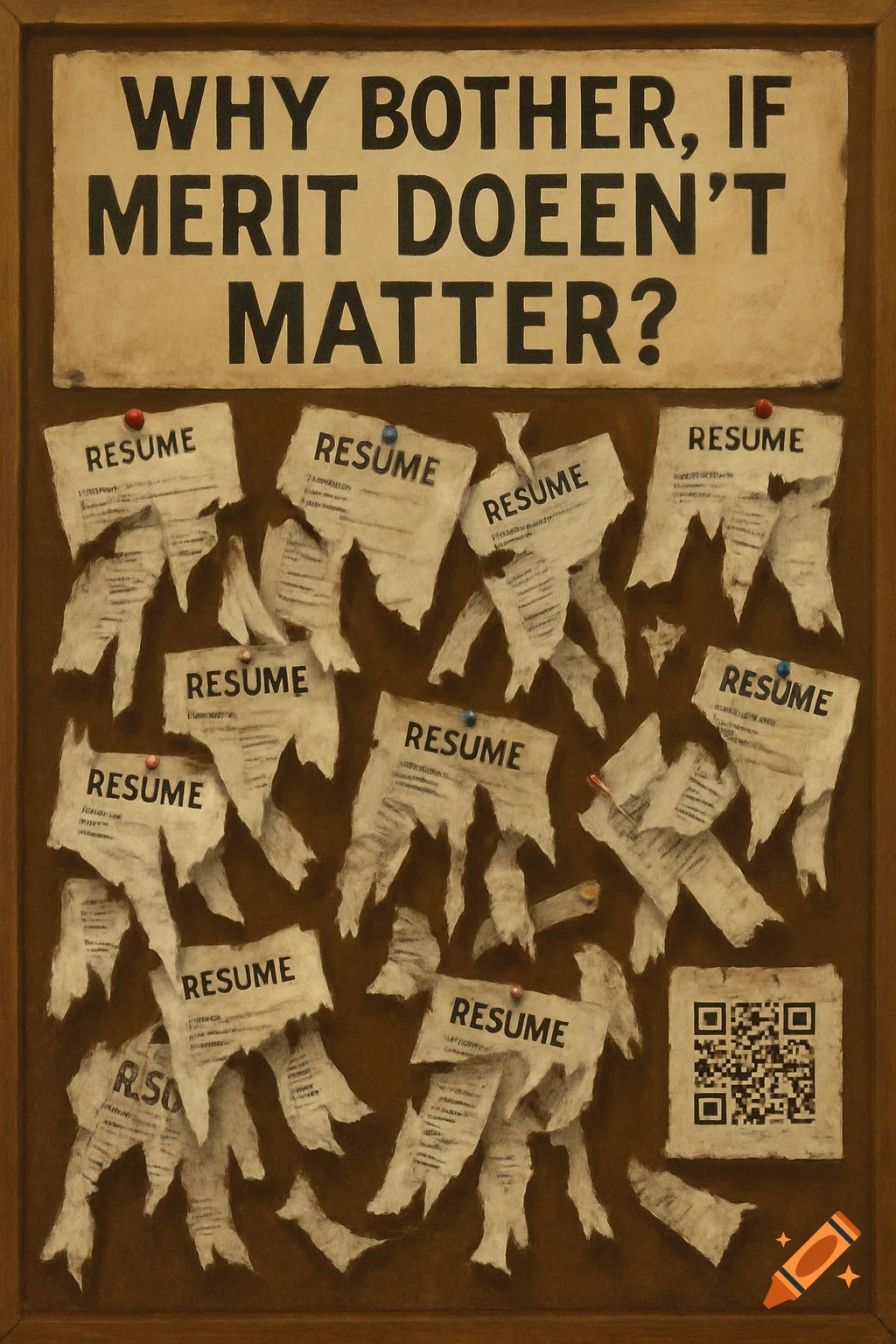 A bulletin board with torn resumes and the text 'WHY BOTHER, IF MERIT DOESN'T MATTER?'